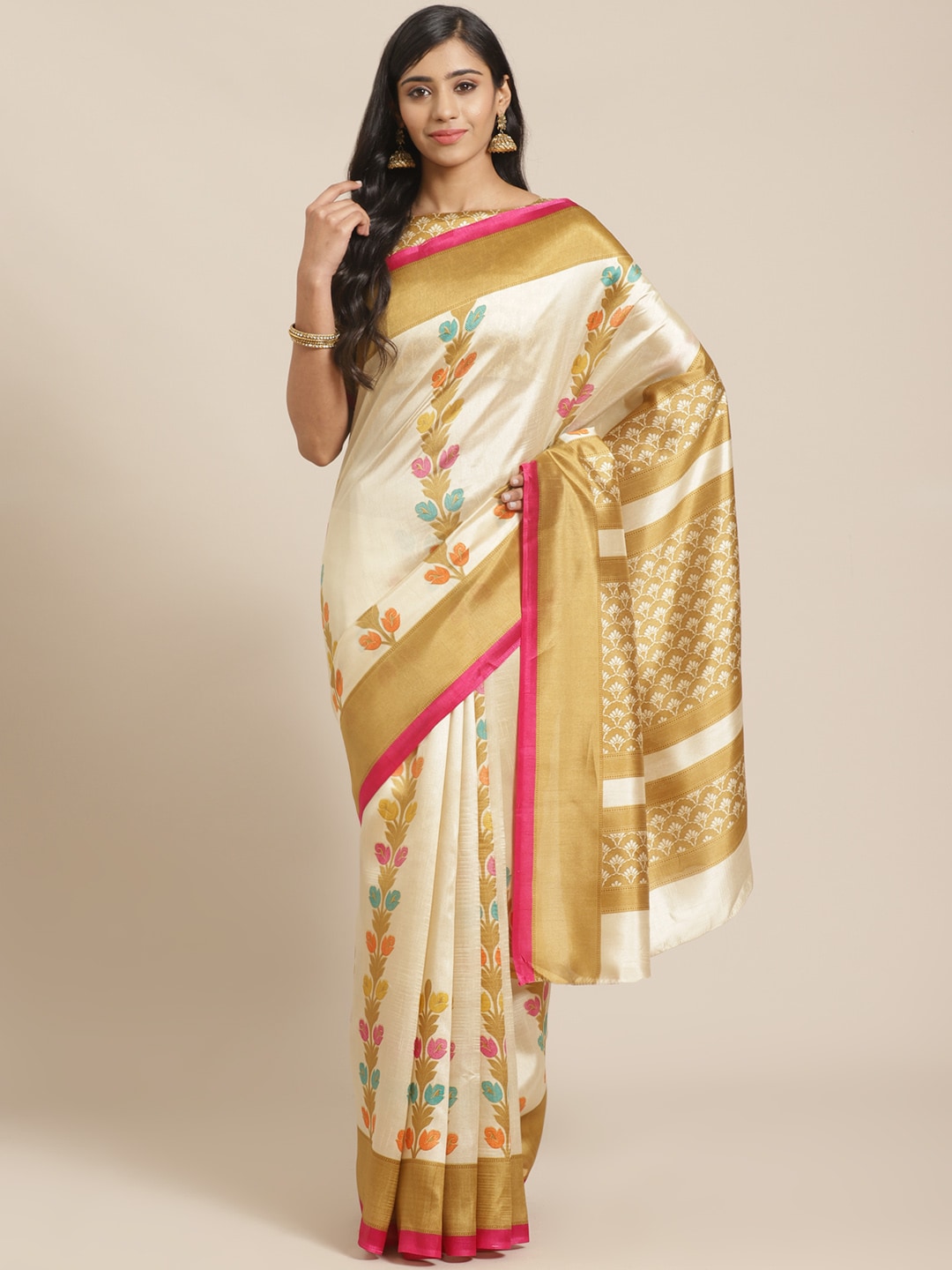 Saree Mall Beige & Pink Ethnic Motifs Print Saree