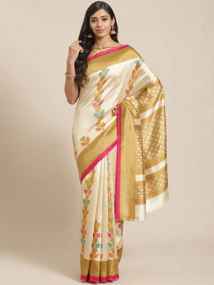 Saree Mall Beige & Pink Ethnic Motifs Print Saree