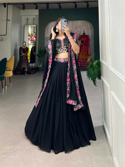 Vastranavya Party Wear Sequins And Delicate Embroidery Work Belt Lehenga Choli - Black