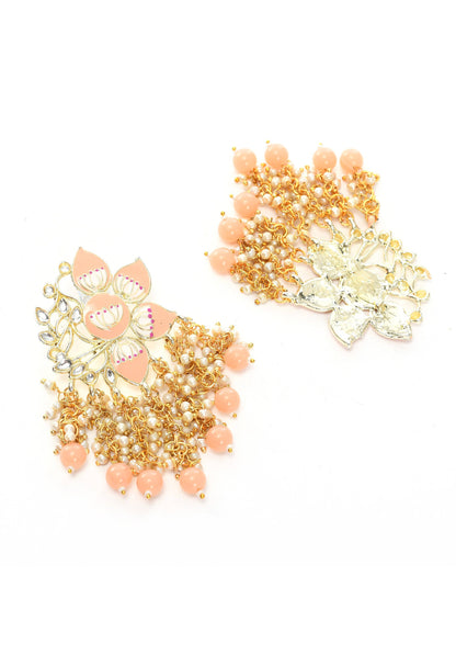 Mominos Fashion Johar Kamal Gold-Polished Kundan Peach Meenakari Earrings
