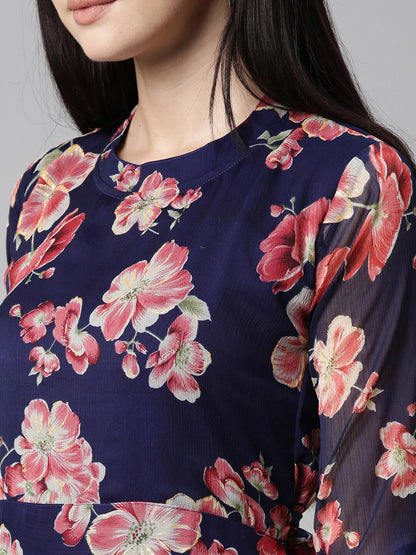 Souchii Floral Printed Round Neck Midi Dress