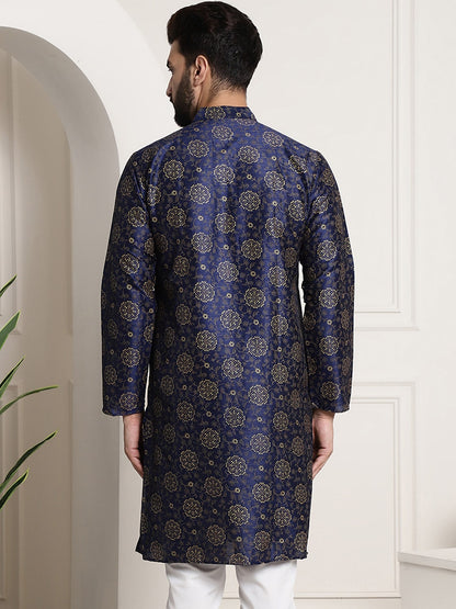 Sojanya Men Navy Blue & Golden Ethnic Motifs Printed Indigo Kurta