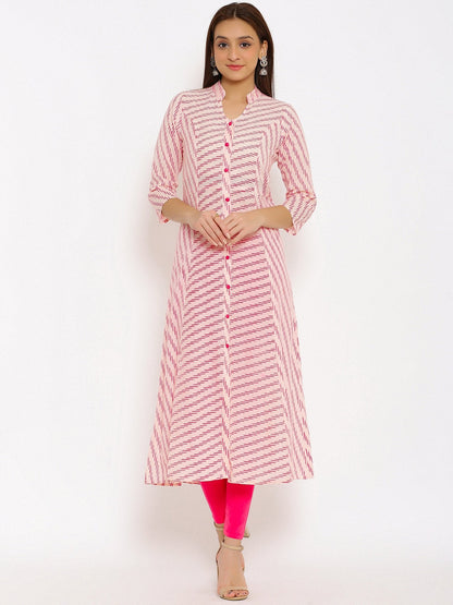 HERE&NOW Pink Mandarin Collar Striped A-Line Kurta