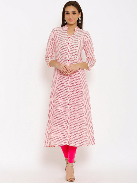 HERE&NOW Pink Mandarin Collar Striped A-Line Kurta
