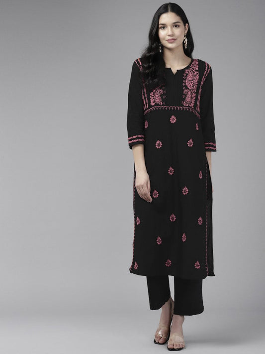ADA Ethnic Motifs Embroidered Round Neck Chikankari Cotton Kurta