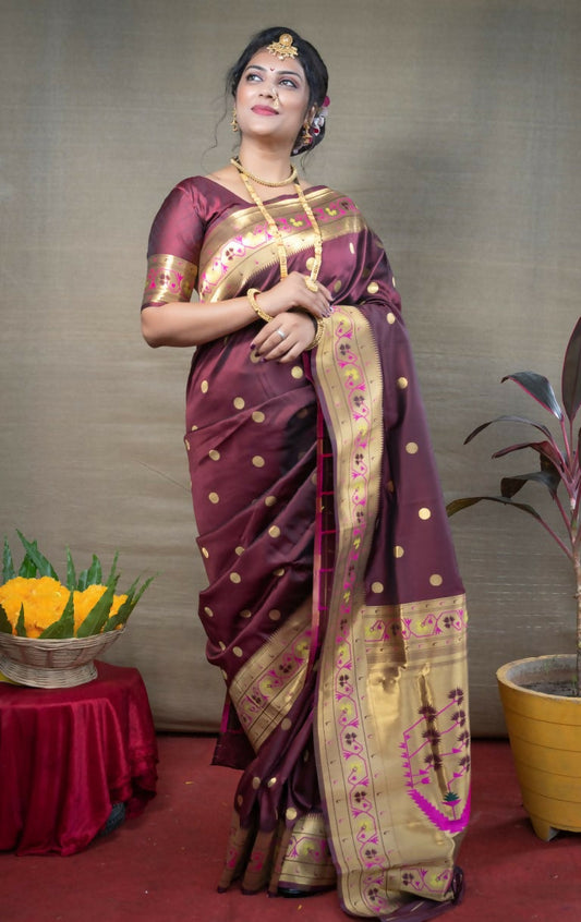 Jyoti Fashion Women's Brown Paithani Silk Zari Woven Saree with Blouse
