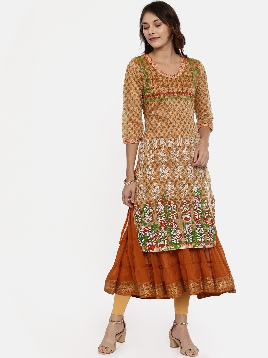 Souchii Beige & White Printed Straight Kurta