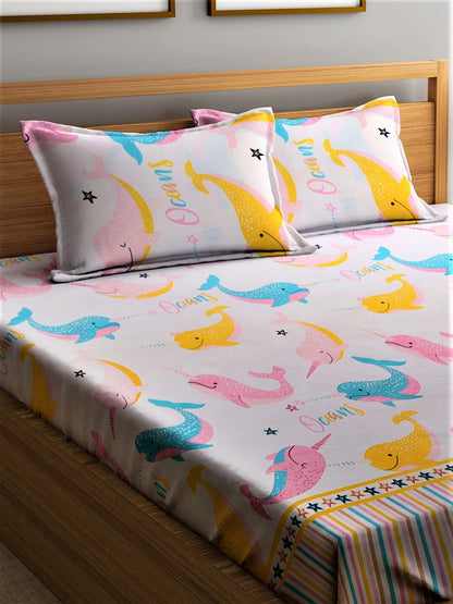 Home Sizzler Pink & Blue Cartoon 210 TC Cotton Bedsheet with Pillow Covers
