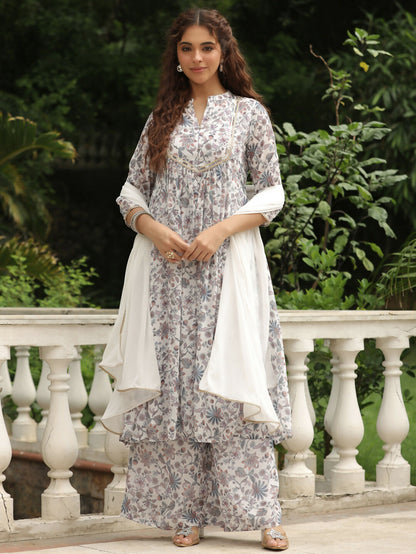 Janasya White Georgette Floral Kurta,Bottom & Dupatta