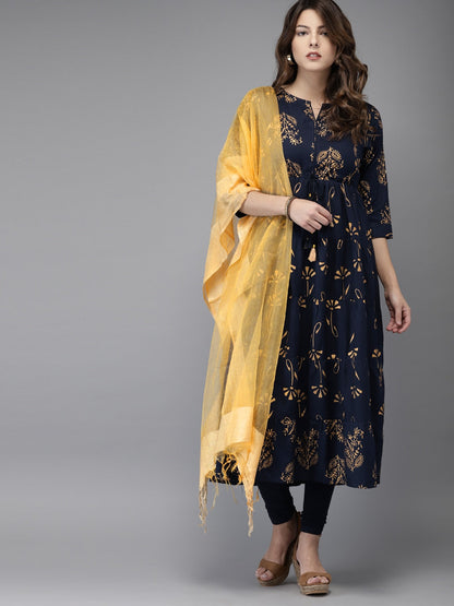 HERE&NOW Women Navy Blue & Gold-Toned Printed Kurta with Churidar & Dupatta