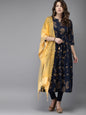 HERE&NOW Women Navy Blue & Gold-Toned Printed Kurta with Churidar & Dupatta
