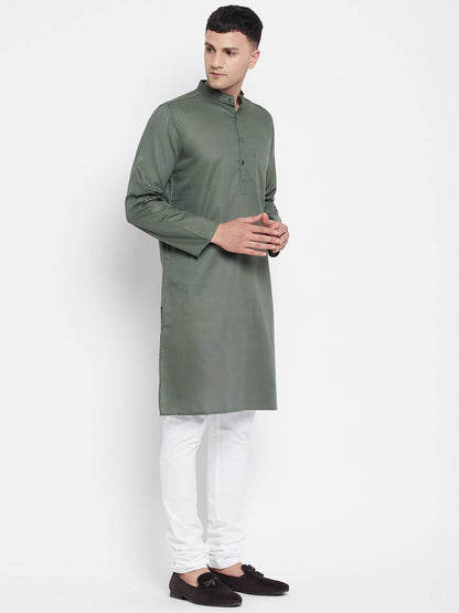 Even Apparels Green Color Linen Men's Kurta With Band Collar