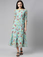 Souchii Blue Floral Printed Chiffon A-Line Midi Dress