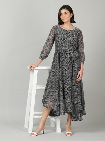Souchii Women Grey & Black Ethnic Motifs Chiffon A-Line Midi Dress