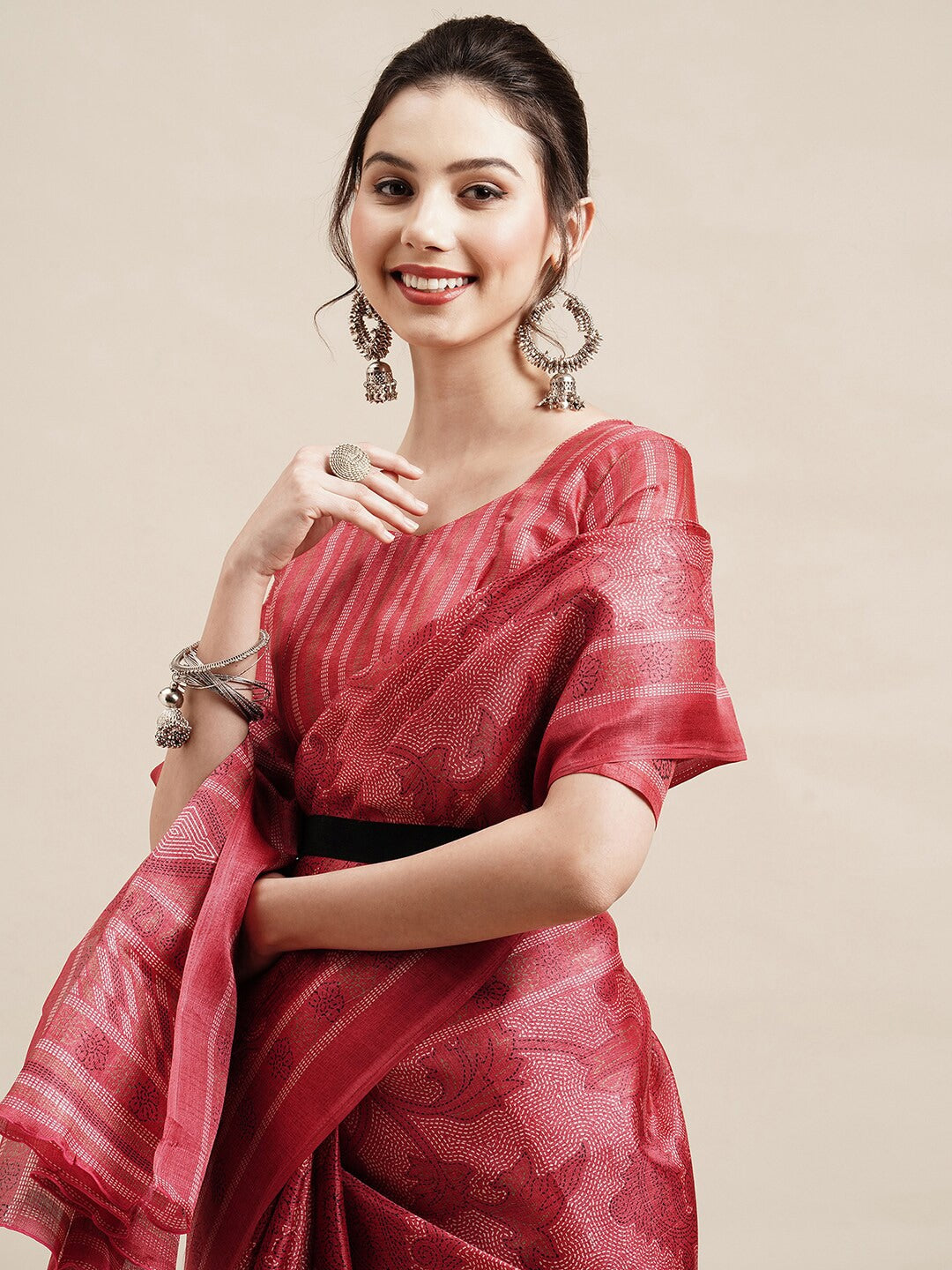 Saree Mall Red & White Ethnic Motifs Art Silk Saree