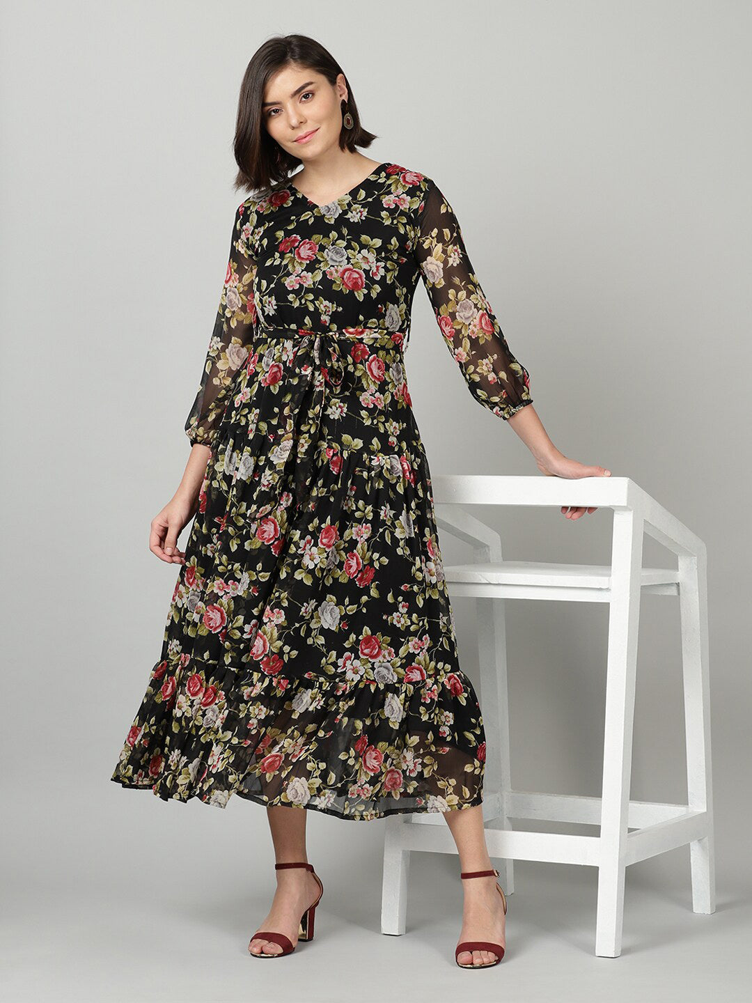 Souchii Black & Pink Floral Chiffon Midi Dress