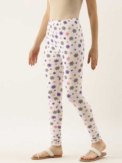 Souchii White & Grey Printed Slim-Fit Ankle-Length Leggings