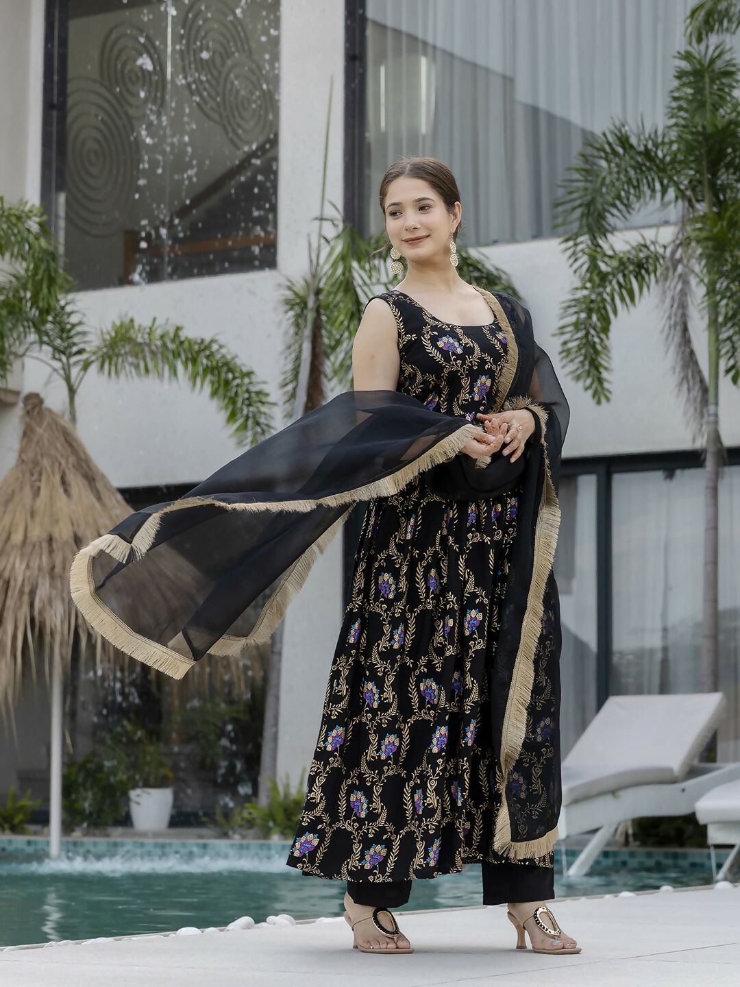 The52 Black Women's Gorgeous Printed Muslin Fabric Flared Kurta Pant and Dupatta Set