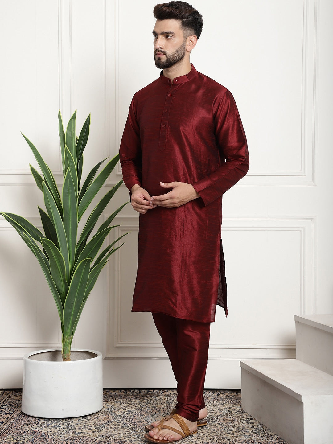 Sojanya Men Maroon & Beige Solid Kurta with Churidar & Printed Nehru Jacket