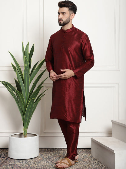 Sojanya Men Maroon & Beige Solid Kurta with Churidar & Printed Nehru Jacket