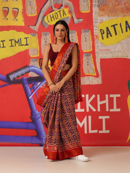 Tikhi Imli Ethnic Motifs Printed Cotton Ready to Wear Saree