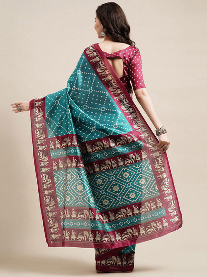 Saree Mall Blue & Maroon Bandhani Silk Blend Bandhani Sarees