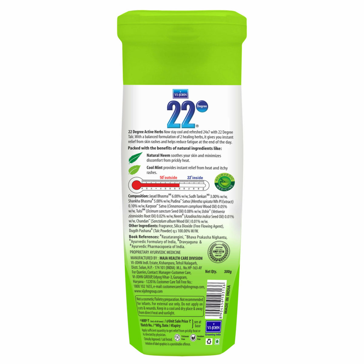 VI-JOHN 22 Degree Cooling Talc Beat the Heat Neem and Mint