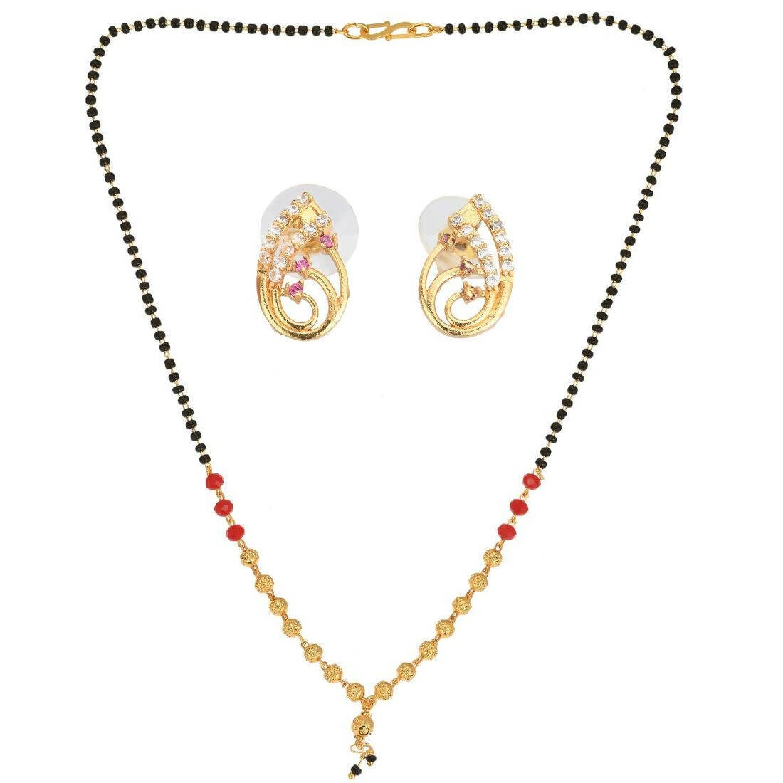 AanyaCentric Gold-Polished Short Mangalsutra Set with Earrings