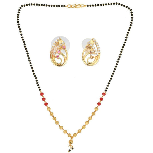AanyaCentric Gold-Polished Short Mangalsutra Set with Earrings