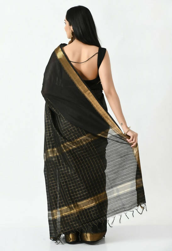 Mominos Fashion Moeza Black Bhagalpuri Handloom Silk Raj Shree Saree with unstitched Blouse piece