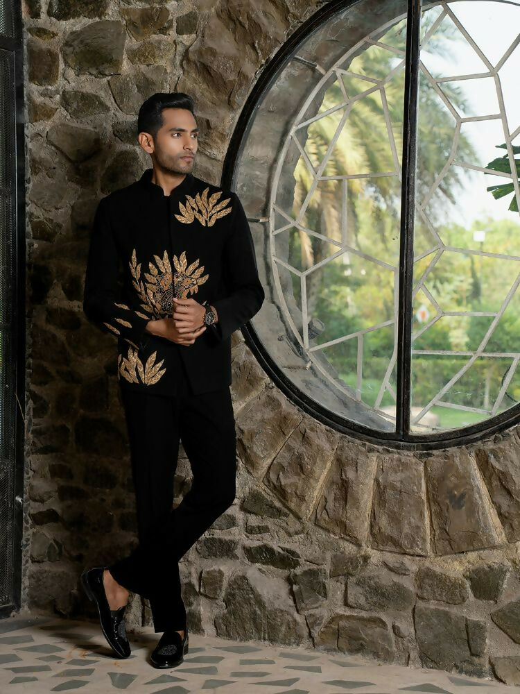 Black Bandhgala With Embroidery-Leaves by Hilo Design