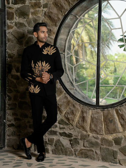 Black Bandhgala With Embroidery-Leaves by Hilo Design