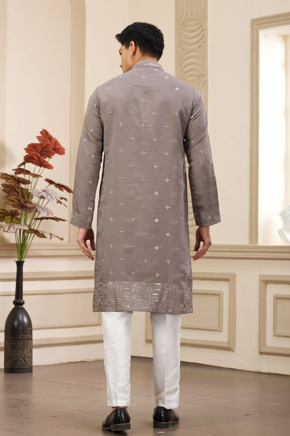 Raivat Ethnic Men's Art Silk Thread Work Kurta Pyjama In Brown Colour