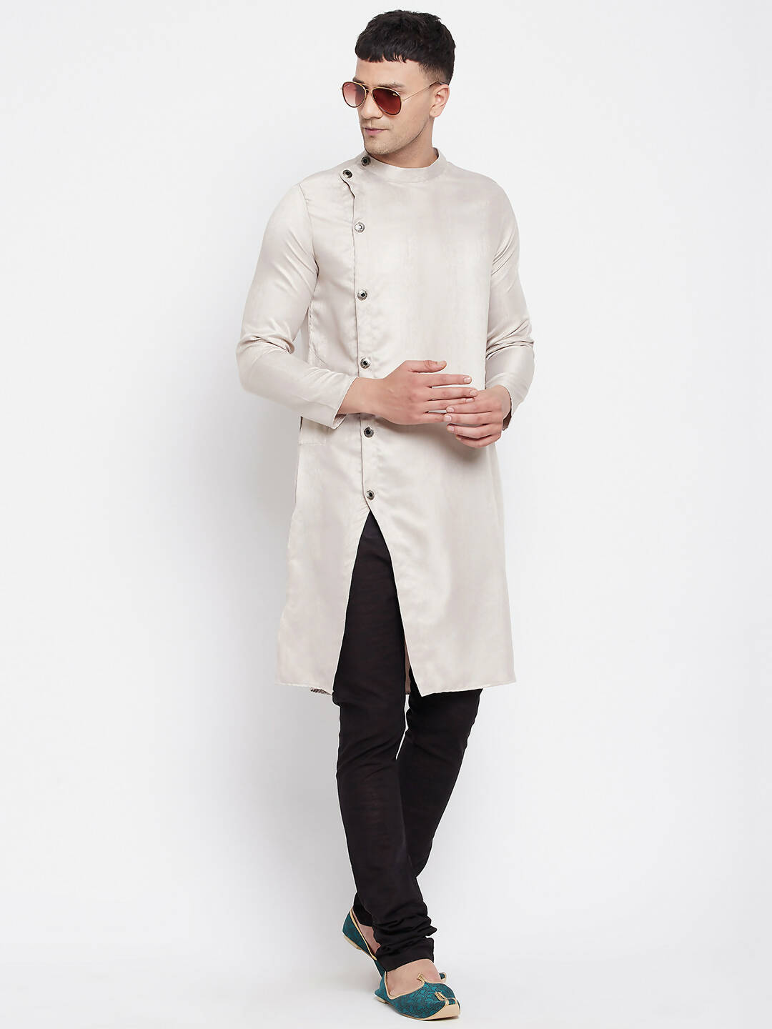 Even Apparels Beige Rayon Men's Sherwani Kurta With Asymetrical Cut