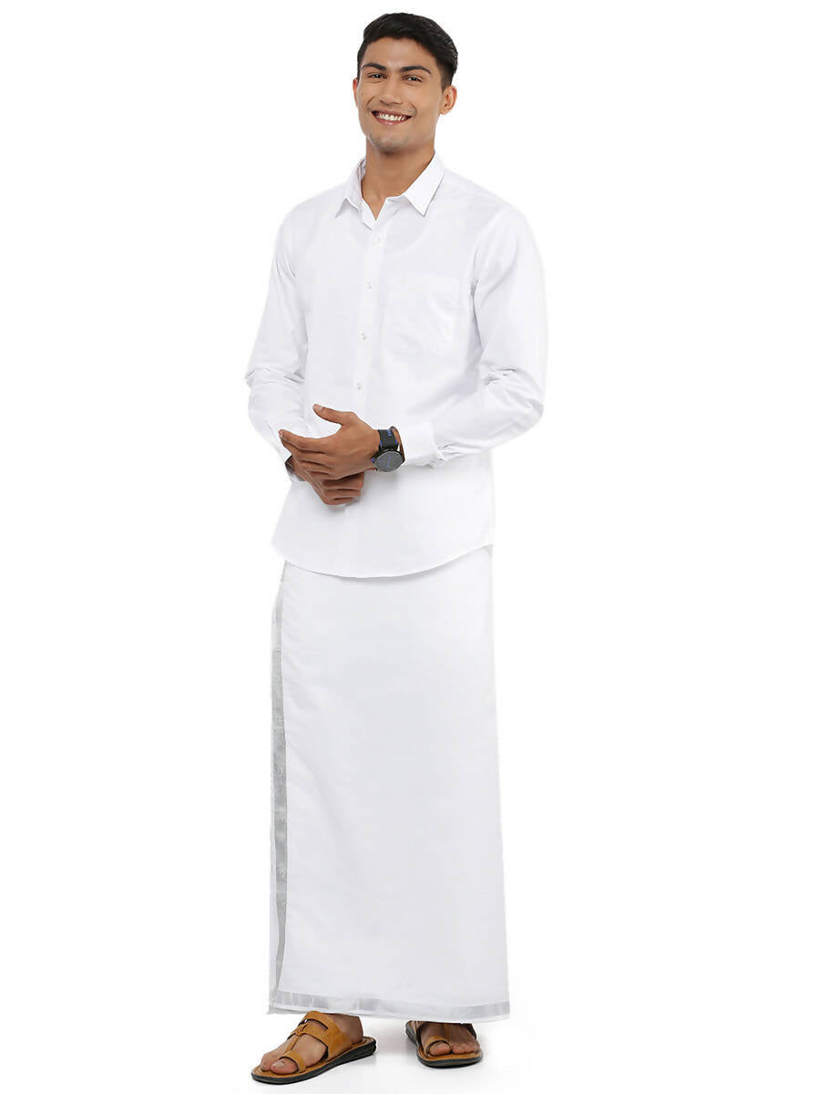 Ramraj Cotton Mens Pure Cotton 1" Silver Jari Dhoti - White