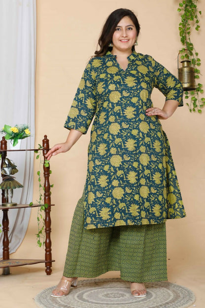 Miravan Women's Plus Size Green Floral Pure Cotton Kurta With Sharara