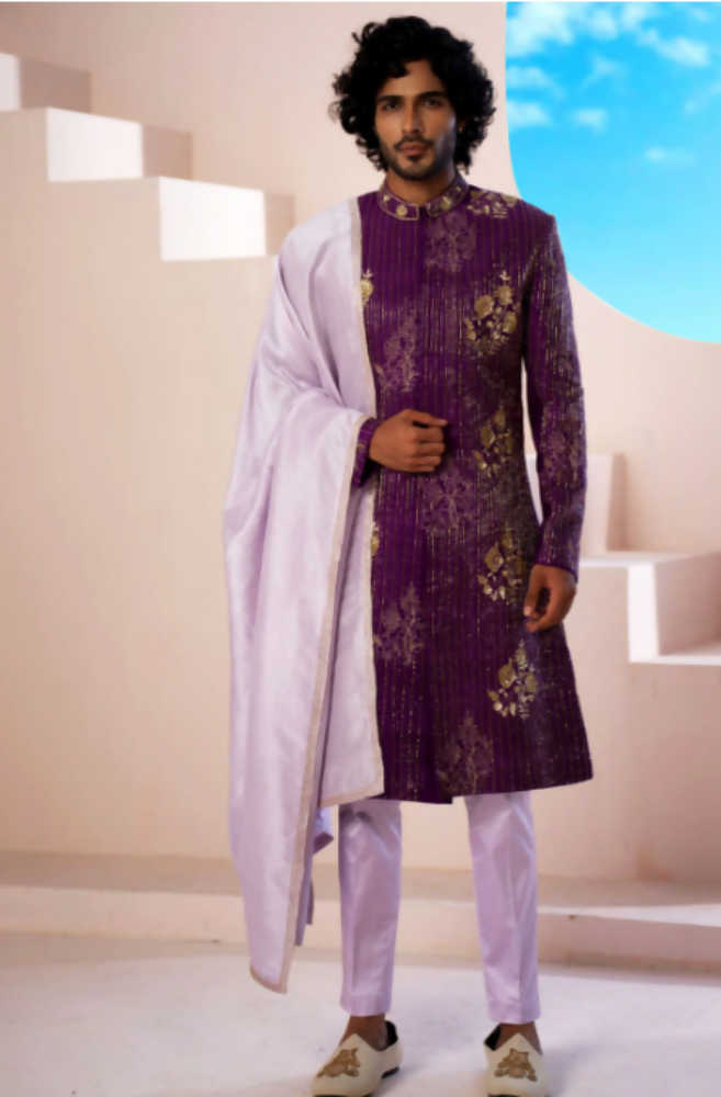 Purple Elegance Sherwani With Zardosi And Gold Embellishments by Hilo Design