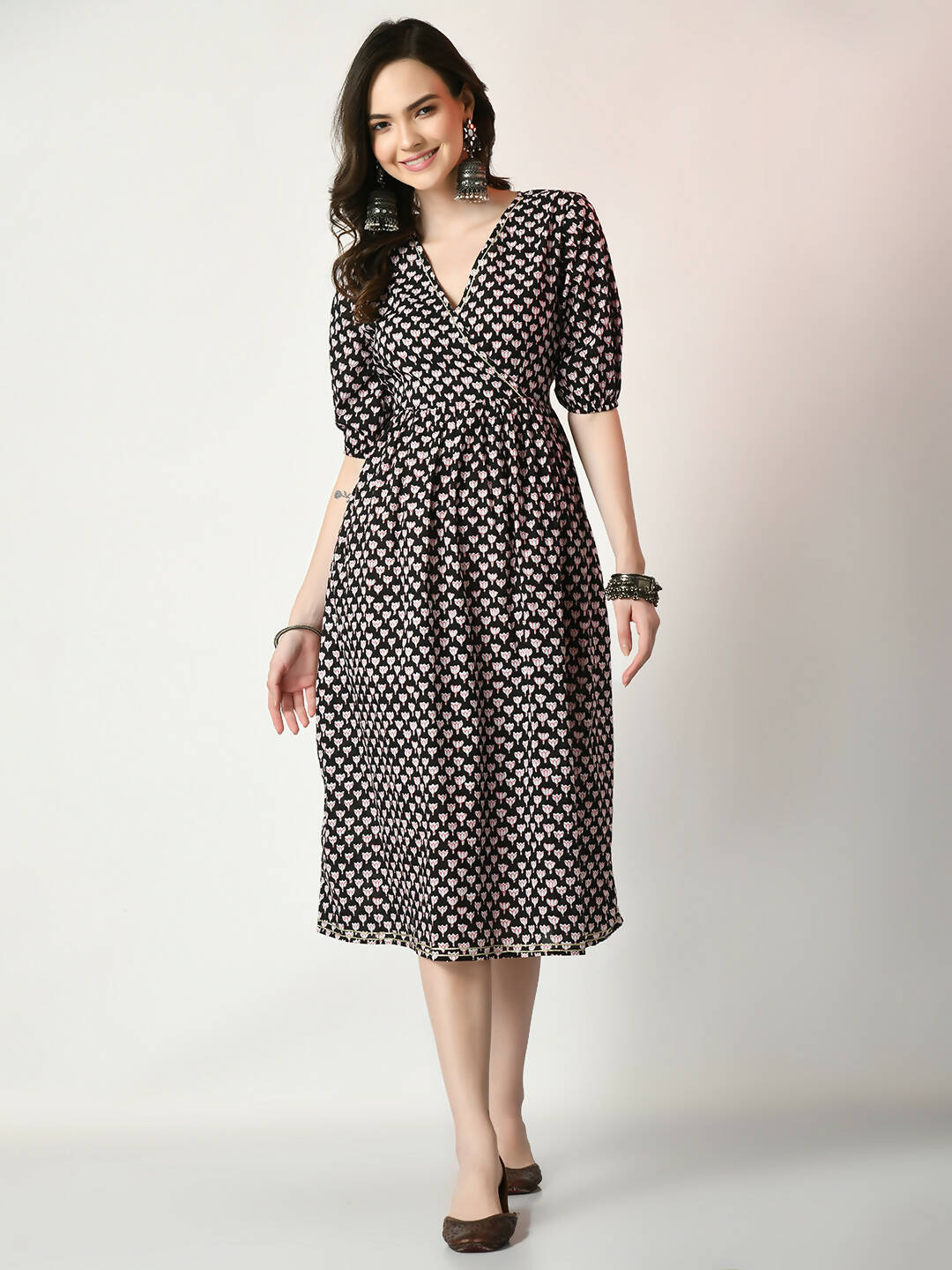 Myshka Women's Black Empire Printed Dress