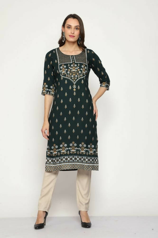 Maai Rayon Hand Printed Kurta Green