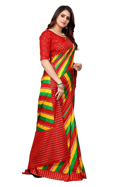 Vamika Ethnic Fire Red Foil Print Art Silk Saree
