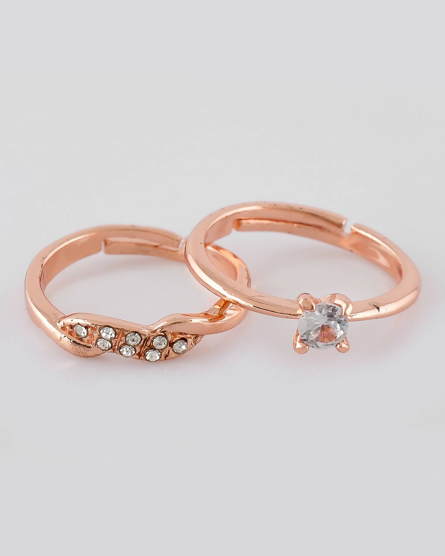 VOJ Stainless Steel Cubic Zirconia Rose Gold-Polished Adjustable Ring Set for Couple