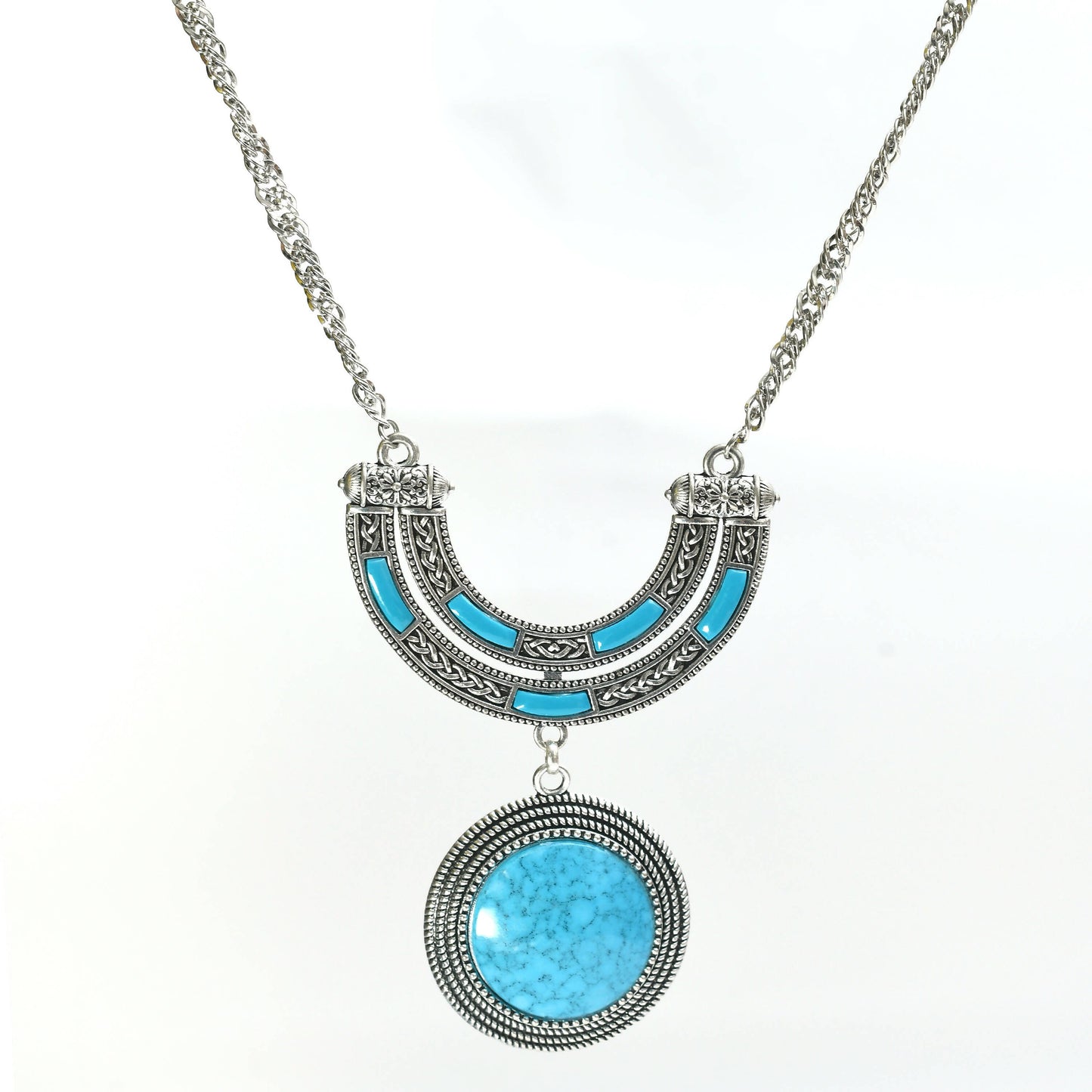 Mominos Fashion Johar Kamal Oxidised Silver-Plated Stone Work Long Necklace Handicraft Sky Blue