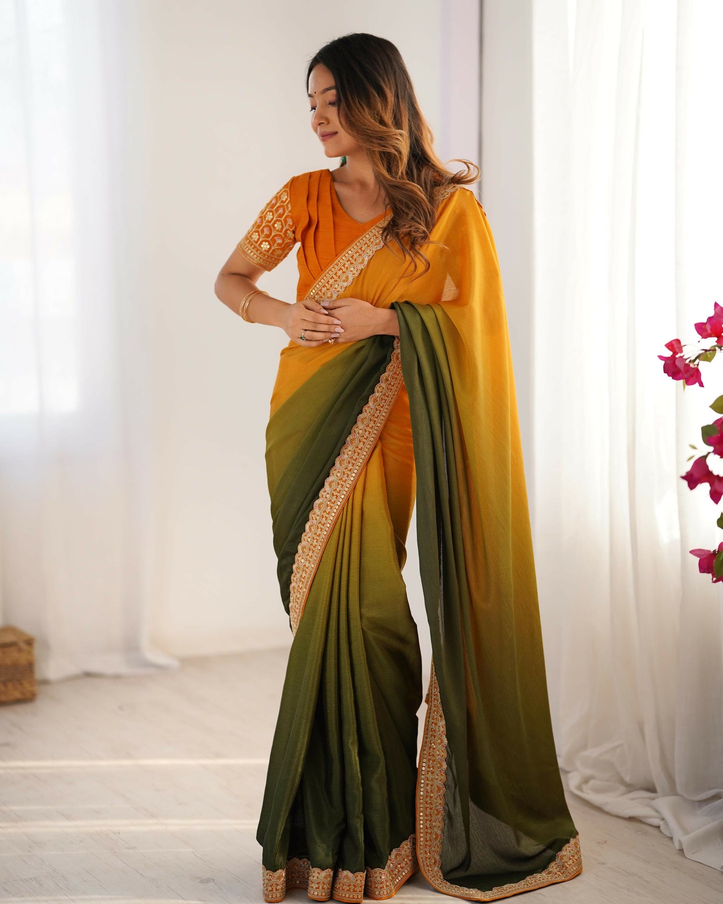 Exclusive Collection Yellow Green Party Wear Chinon Salk Saree