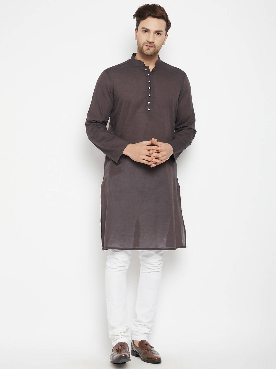Even Apparels Brown Pure Cotton Long Men's Kurta With Band Collar