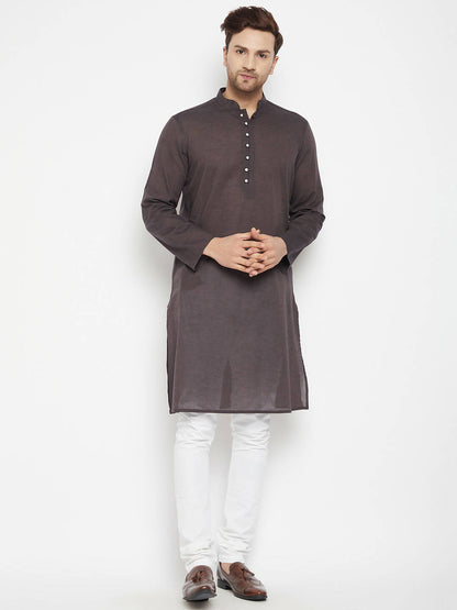 Even Apparels Brown Pure Cotton Long Men's Kurta With Band Collar