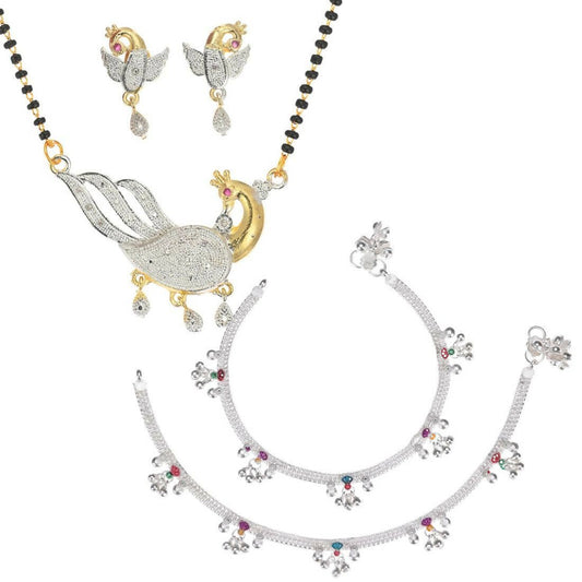 AanyaCentric Gold-Polished Mangalsutra Pendant Earring Set & Silver Plated Anklet