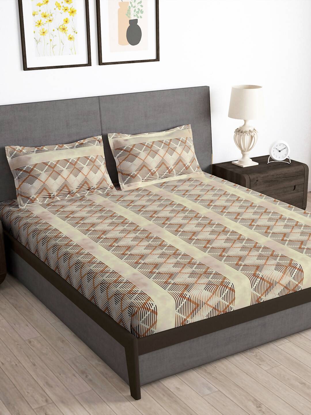 Story@home Brown & White Striped Microfiber 180 TC Bedsheet With Pillow Cover