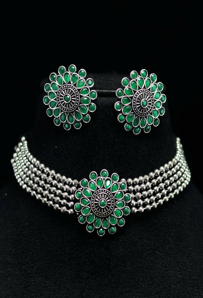 Mominos Fashion Johar Kamal Oxidised Silver-Plated Brass Finish Kundan Choker For Women (Green)
