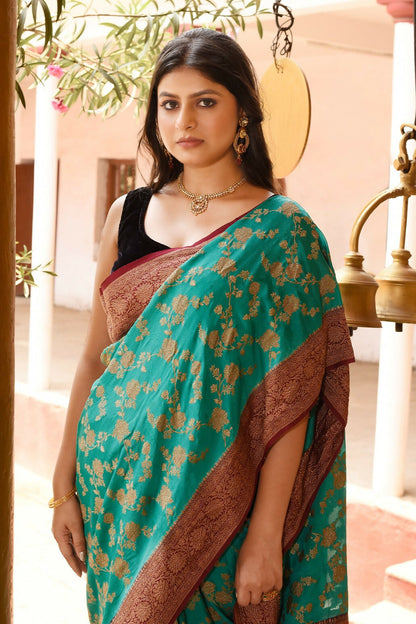 Joban Fashion Teal Green Crepe Chiffon Pure Handloom Banarasi Silk Saree