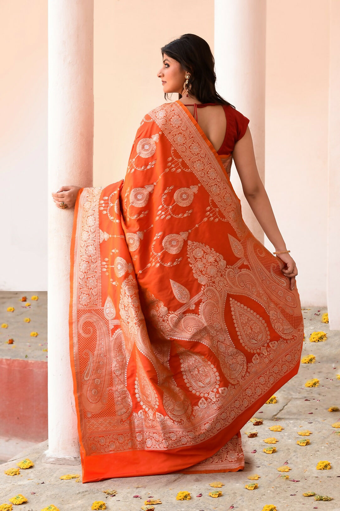 Joban Fashion Orange Banarasi Soft Pure Handloom Banarasi Silk Saree